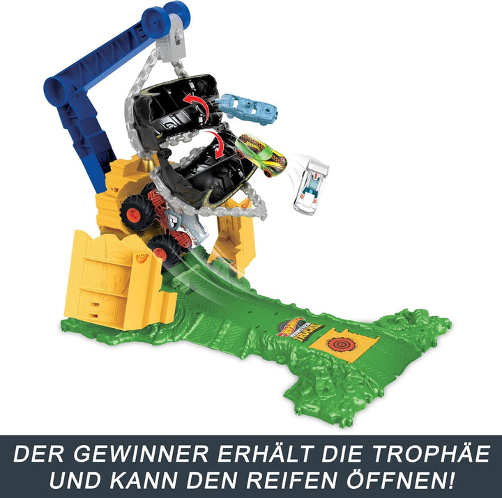 Hot Wheels Monster Trucks Rhinomite Angriffs-Challenge Spielset mit einem Spielzeugtruck und 2 zerdr