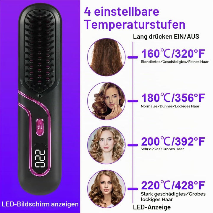 LOPHE Mini Haarglätterbürste, Glättbürste Kabellos, Hair Straightener Comb mit LCD-Bildschirm 4-Stuf