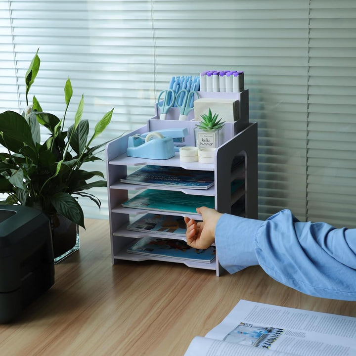TSDRBWO Holz Briefablage für Büro, Dokumentenablage mit Stifthalter, 5-Tier Schreibtisch Organizer H