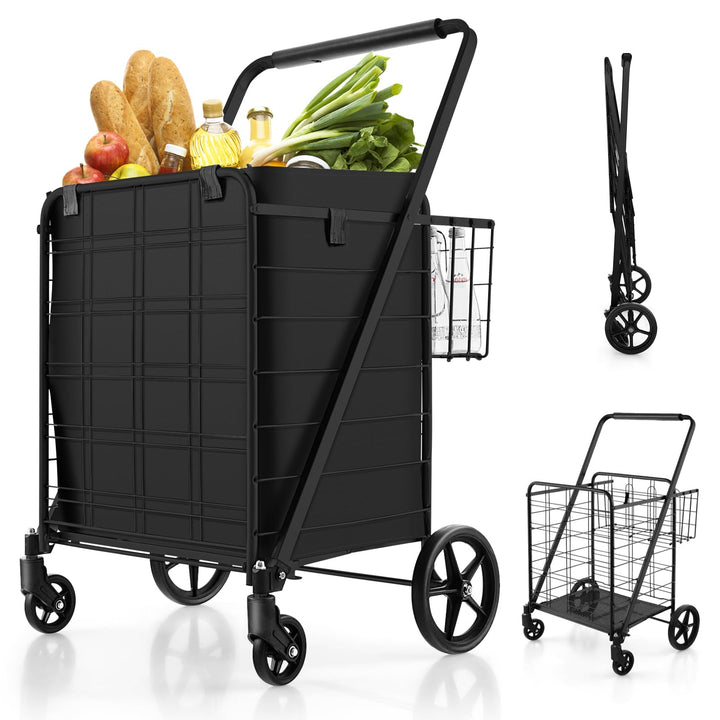 COSTWAY Einkaufstrolley Klappbar, Einkaufswagen auf Rollen mit Abnehmbarer Oxford-Tasche & 2 Körben,