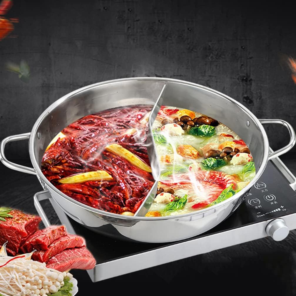 BESTonZON Edelstahl Hot Pot mit Trennwand, 32cm Geteilter Shabu Shabu Topf für Induktion & Gasherd,