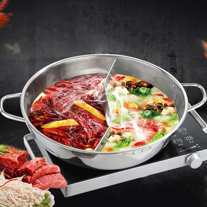 BESTonZON Edelstahl Hot Pot mit Trennwand, 32cm Geteilter Shabu Shabu Topf für Induktion & Gasherd,