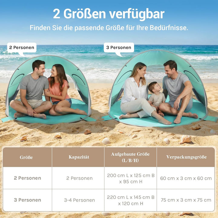 Wolfwise Pop Up Strandmuschel für 3-4 Personen, Sofort Aufbau, UV-Schutz 50+, Wasserabweisend, Belüf