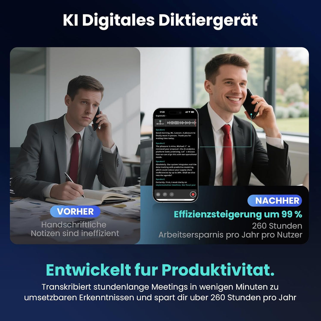 KI Digitales Diktiergerät Mit Hülle,64GB Aufnahmegerät Mit KI Transkription & Zusammenfassung,Tragba