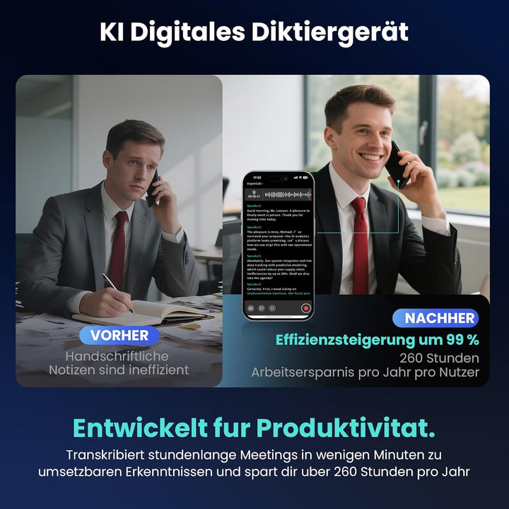 KI Digitales Diktiergerät Mit Hülle,64GB Aufnahmegerät Mit KI Transkription & Zusammenfassung,Tragba