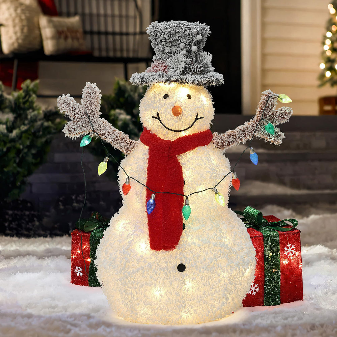 Hometopia LED Schneemann Deko mit Zylinderhut, Rotem Schal Leuchtende Weihnachtsfigur für Innen und