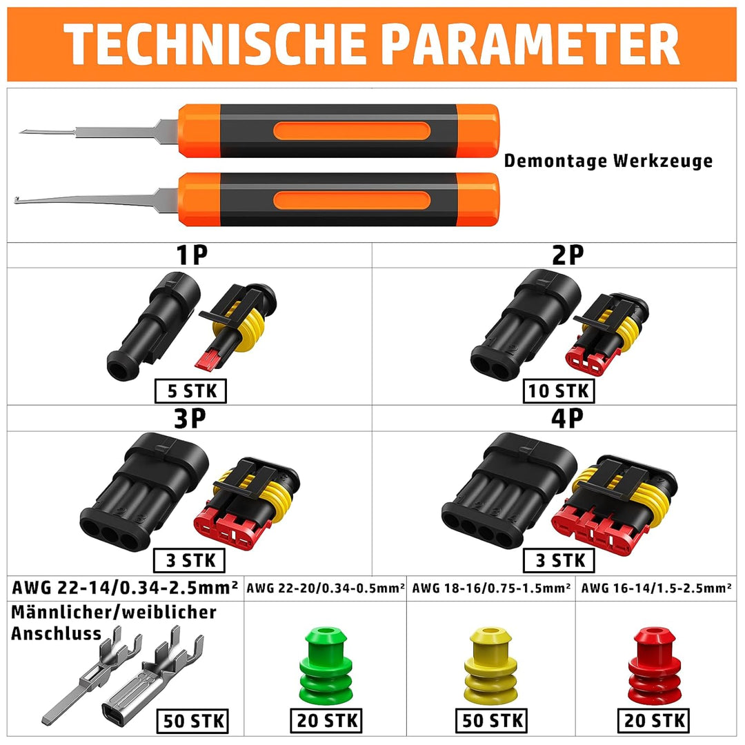 PEBA Crimpzange Wasserdicht Kfz Stecker Set, Crimpzangen 0.34-2.5mm², 1/2/3/4 Polig Steckverbinder f