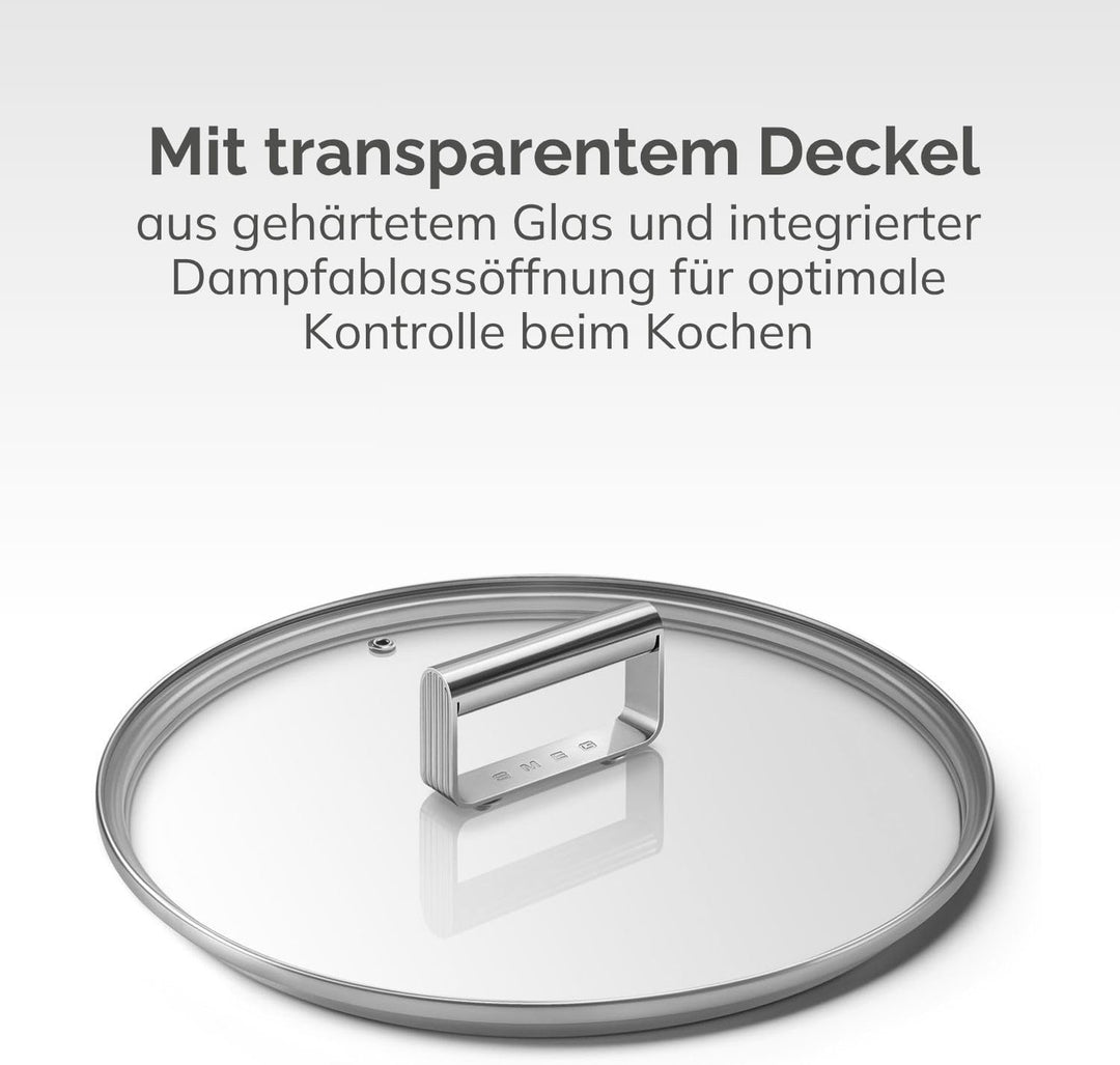 Smeg, CKFL2601, flacher Deckel aus gehärtetem Glas, Durchmesser 26 cm, Edelstahlgriff, Dampfauslass,