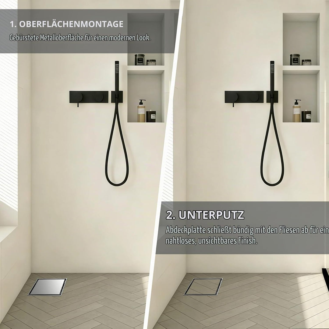 15x15cm Duschrinne Quadrat, Befliesbar Duschablauf Komplettset Edelstahl mit 360° Siphon Geruchsstop