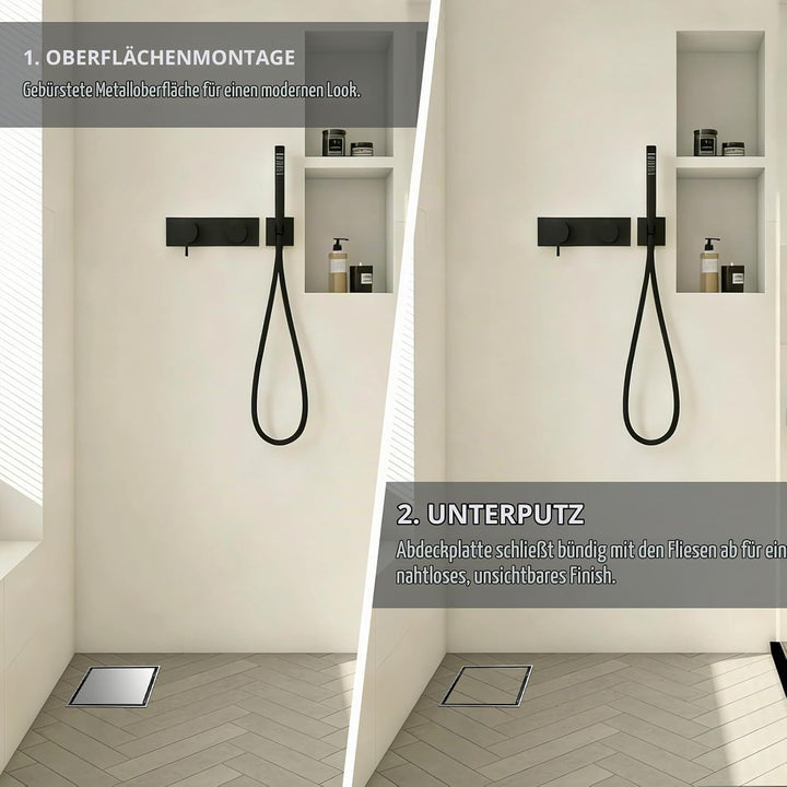 15x15cm Duschrinne Quadrat, Befliesbar Duschablauf Komplettset Edelstahl mit 360° Siphon Geruchsstop
