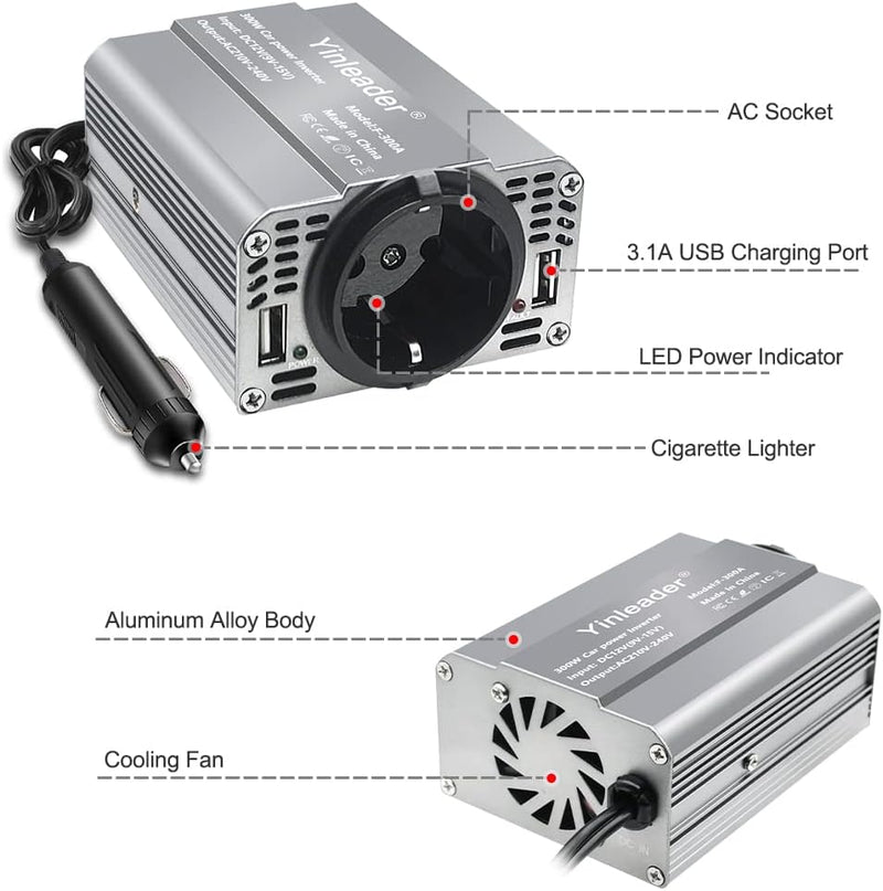 Yinleader Wechselrichter 300W DC 12V auf 230V AC KFZ-Spannungswandler 1 Euro-Steckdosen und 2 USB mi