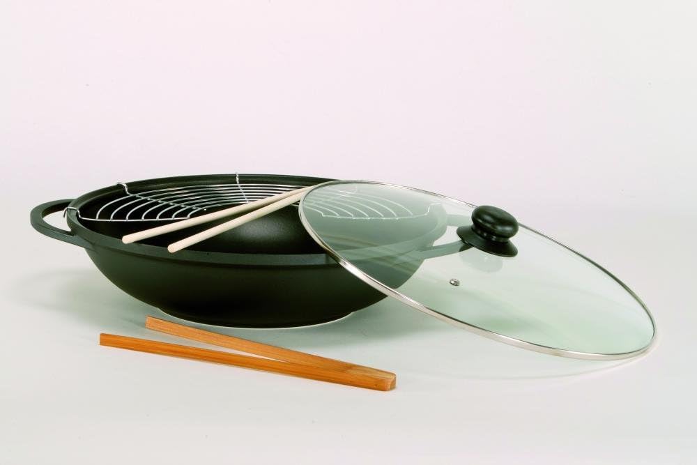 Aluguss Wok Leipzig mit Glasdeckel und Zubehör, Ø 36 cm