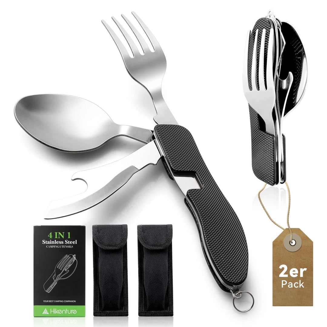 HIKENTURE® Outdoor Campingbesteck Set - Klappbesteck Outdoor Besteck aus Edelstahl mit Gürteltasche