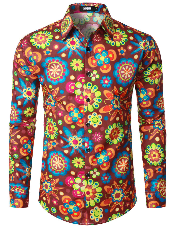 JOGAL Herren Regular Fit Floral Business Hemd Langarm Button Down Print Freizeithemd M Weinrot, M We