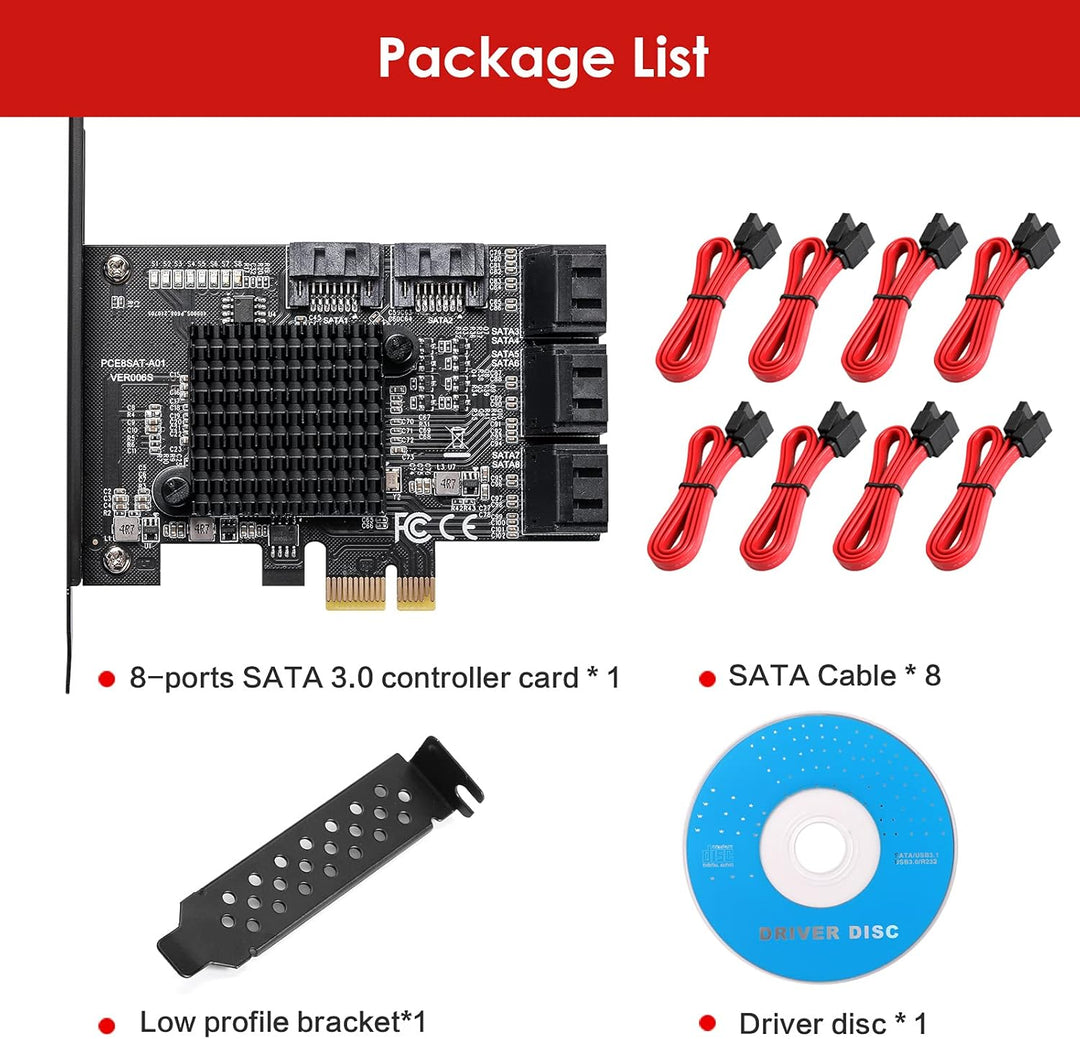 MZHOU SATA PCIE Karte,8 SATA Port ASM1064+575 3.0 PCIe Card with 8 SATA Cables 6 Gbit/s Controller E