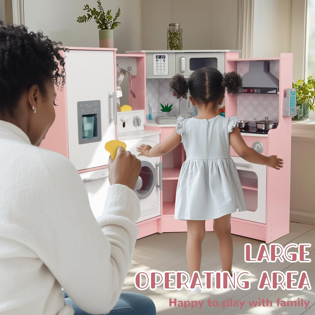 Rosa Hölzerne Kinderküche, Kinderspielküche mit Spüle Herd Backofen, Holzküche Spielzeugküche, Spiel