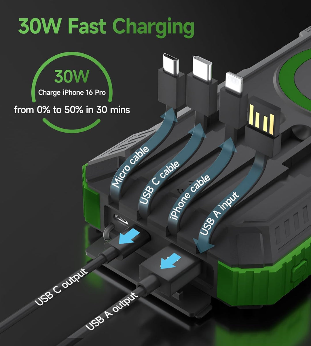Power Bank 56800mAh PD30W Solar Powerbank USB C Wireless Charging Externer Akku Ladegerät mit 4 Kabe