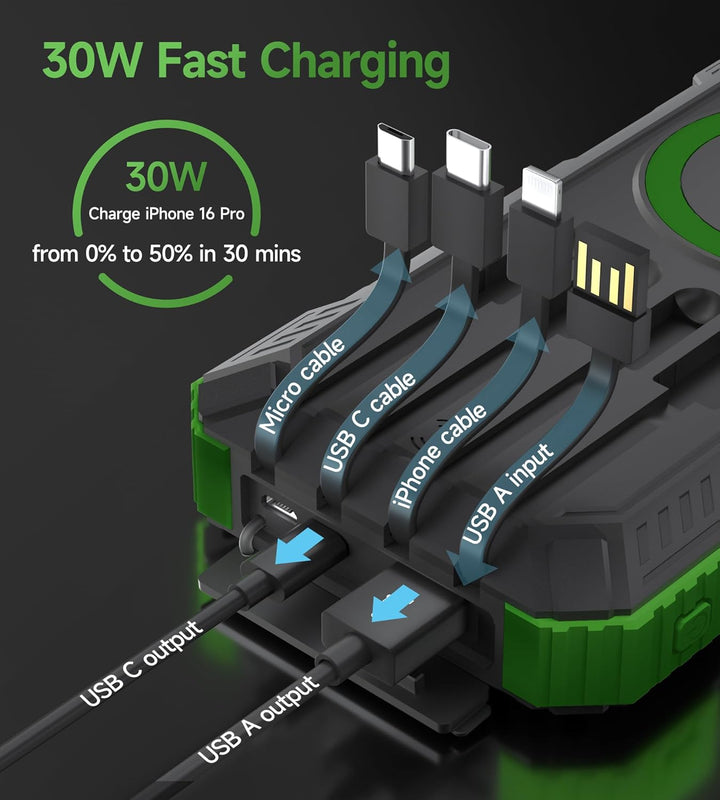 Power Bank 56800mAh PD30W Solar Powerbank USB C Wireless Charging Externer Akku Ladegerät mit 4 Kabe