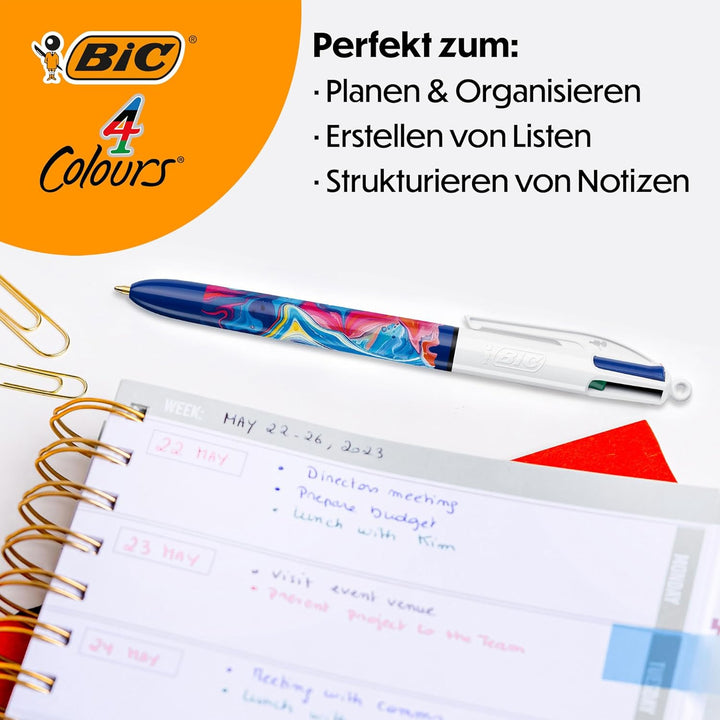 BIC 4 Farben Kugelschreiber Set 4 Colours Dekor Botanik, verschiedene Designs, 5er Pack, nachfüllbar