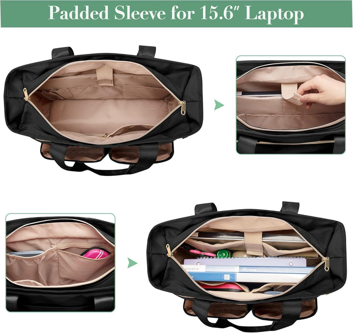 Fasrom Teacher Arbeitstasche mit Fächern für Laptop, Grosse Laptoptasche für Lehrer Schwarz, Schwarz