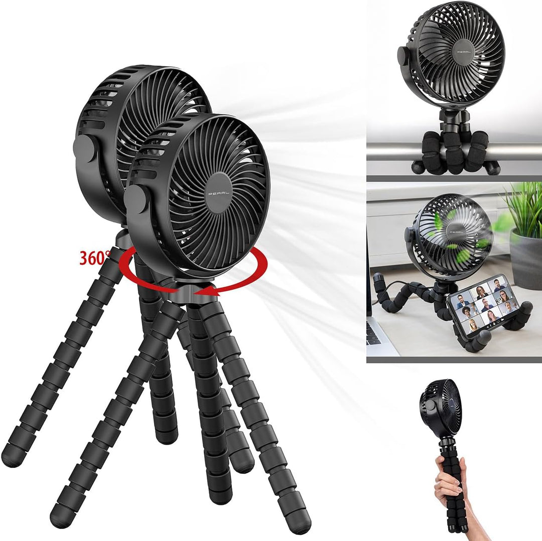 PEARL Kinderwagen Ventilator: 2er-Set 360°-Akku-Handventilatoren mit Stativ, 3 Geschwindigkeiten (Ge