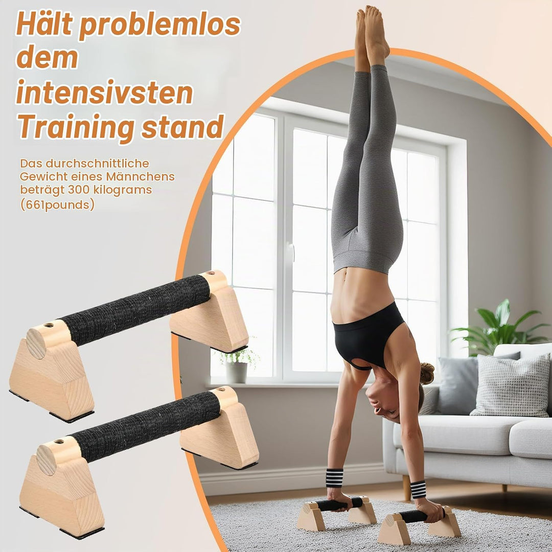 Liegestützgriffe Holz mit Handgelenkbandagen, 2 Stück 25cm Push Up Bars, Gelenkschonende Parallettes