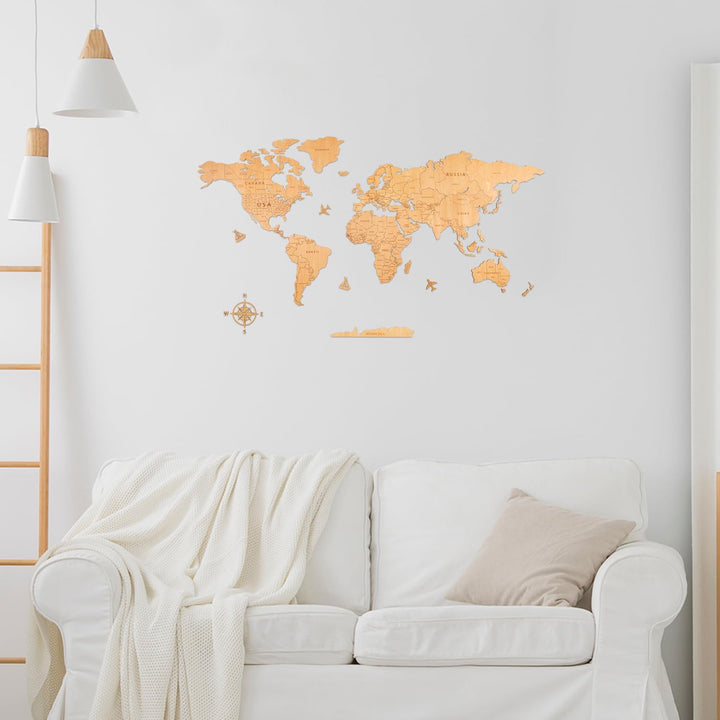 Creawoo Weltkarte Wanddekoration aus Holz, Natur Weltkarte Reisekarte Wanddeko Wandkunst für Büro, W