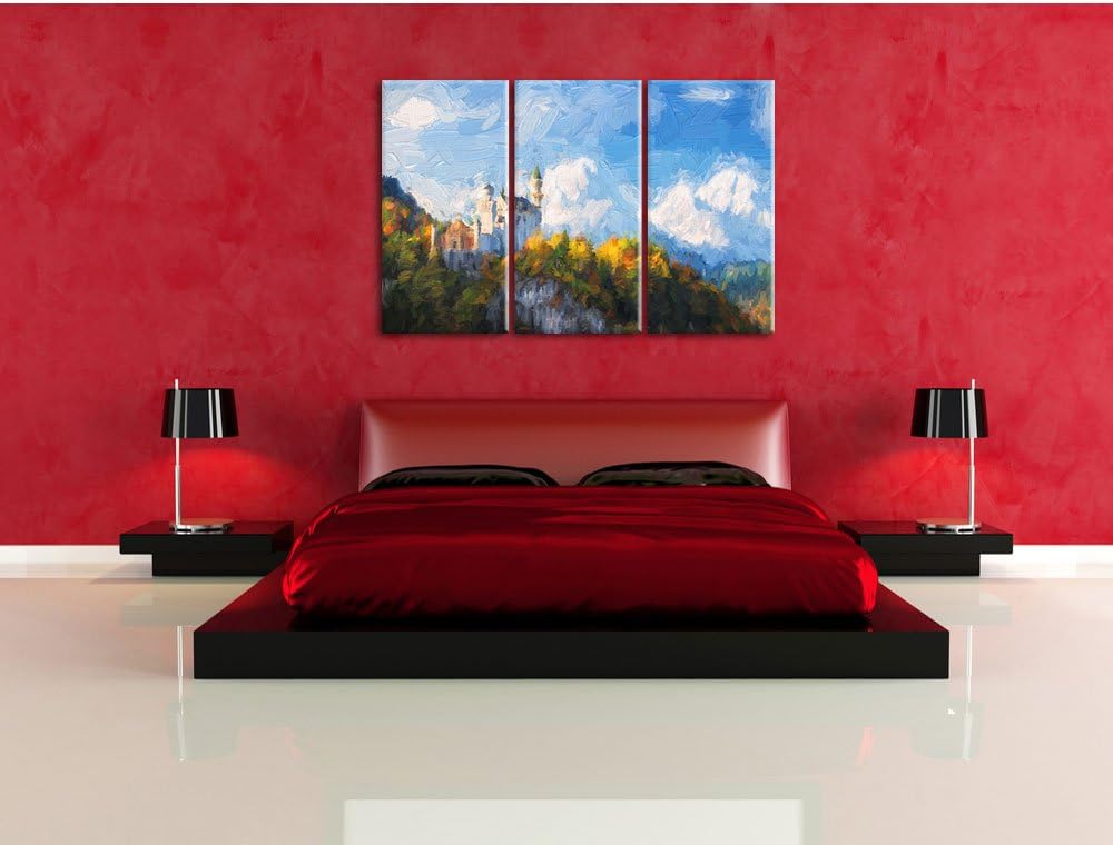 Pixxprint Schloss Neuschwanstein / 3-Teilig/Gesamtmass 120cm Leinwandbild bespannt auf Holzrahmen/Wa