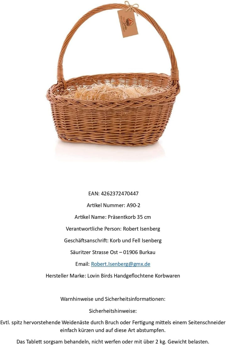 Lovin BIRDS Geschenkkorb Präsentkorb mit Gratis Holzwolle mit Henkel leer Weide Gross 35 cm mit Gr.