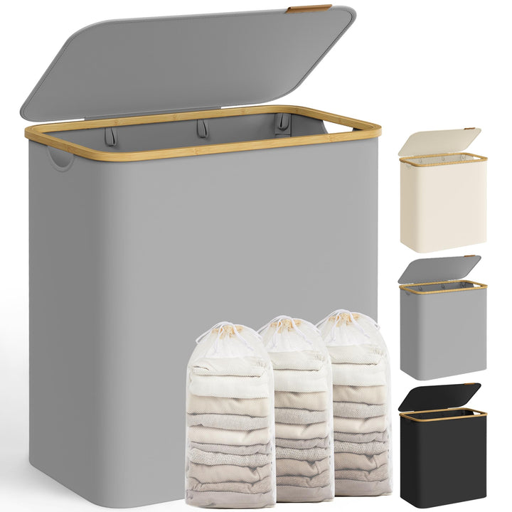SONGMICS Wäschekorb mit Deckel, Wäschesammler mit 3 Fächern, 150 L, herausnehmbarer Wäschesack, Oxfo