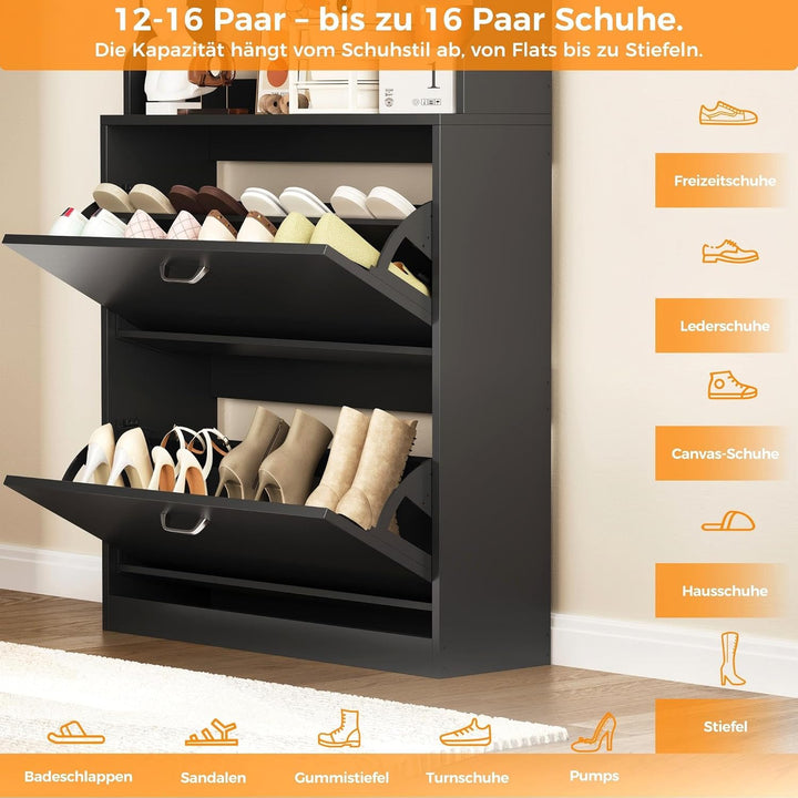 IRONCK Schuhschrank mit 2 Klappen, Schuhkipper Schmal, Schuhregal offenes Fach, Hohe Schuhaufbewahru