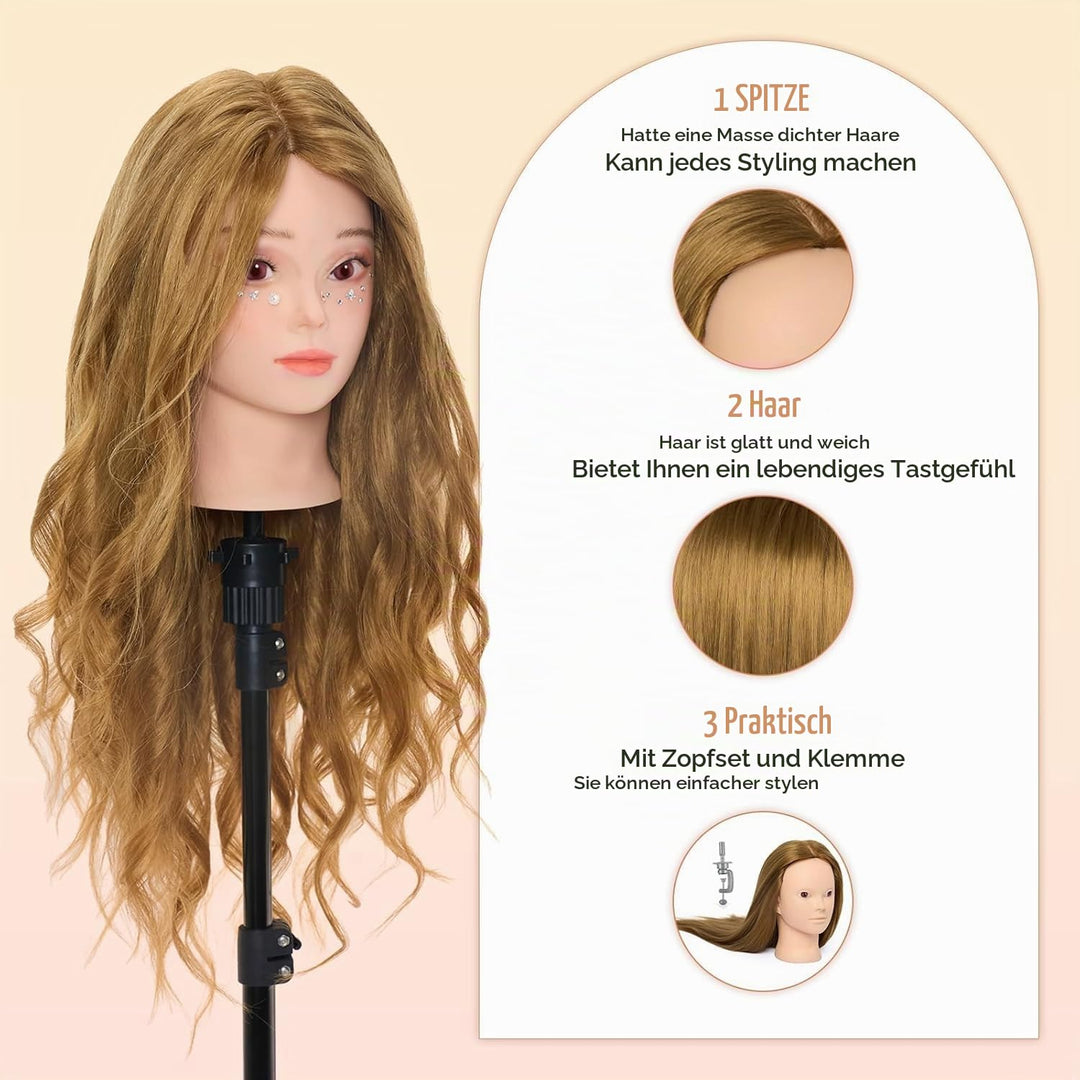 Neverland 24 inch Schminkkopf Frisierkopf Friseur mit Ständer 50% Echthaar Haar Übungskopf Trainings