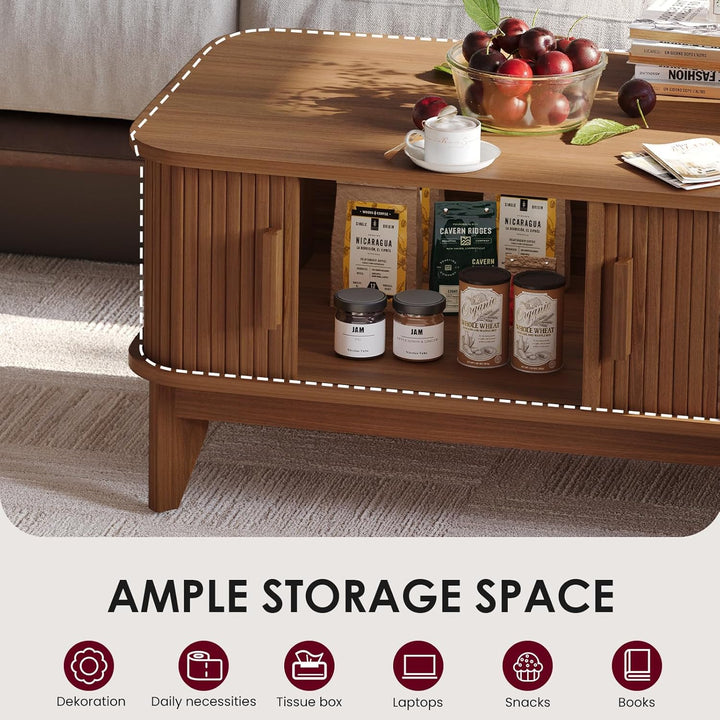 YOUDENOVA Couchtisch Holz mit Stauraum,Modern Wohnzimmertisch mit Schiebetüren im Tambour-Design,Bei