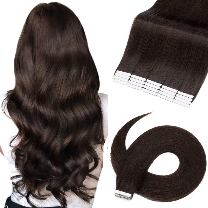 TESS Tape Extensions Echthaar #2 Dunkelbraun 50 cm Echthaar Haarverlängerung 20 Stücke Glatt Remy Ta