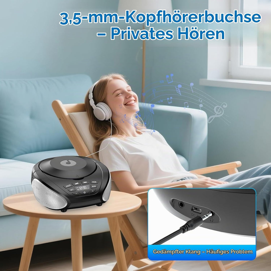 Gueray Tragbarer CD-Player Boombox Kompakt-Radio mit Stereo-Lautsprechern UKW-Radio 3,5-mm-AUX-Einga