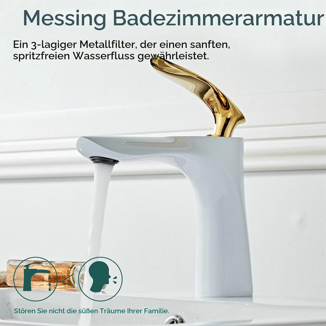 Leekayer Badezimmerarmatur weiss Gold Waschtischarmatur Einzelloch Deckmontage 1-Griff Waschbecken W