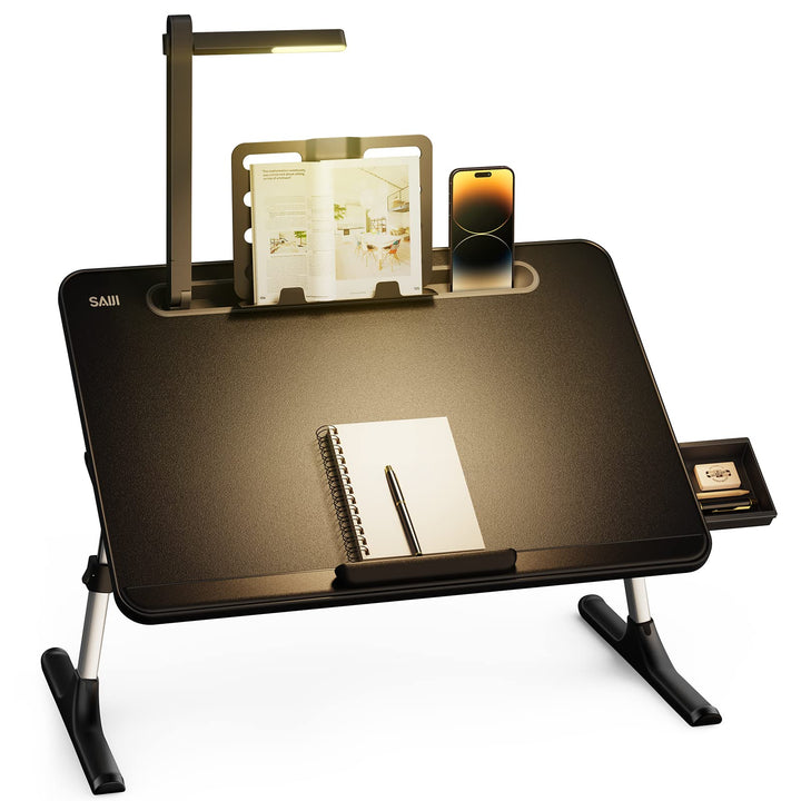 Tisch Bett Laptoptisch, SAIJI Bett Tisch mit LED Lampe, Höhen Winkel verstellbar, mit Buchständer, S