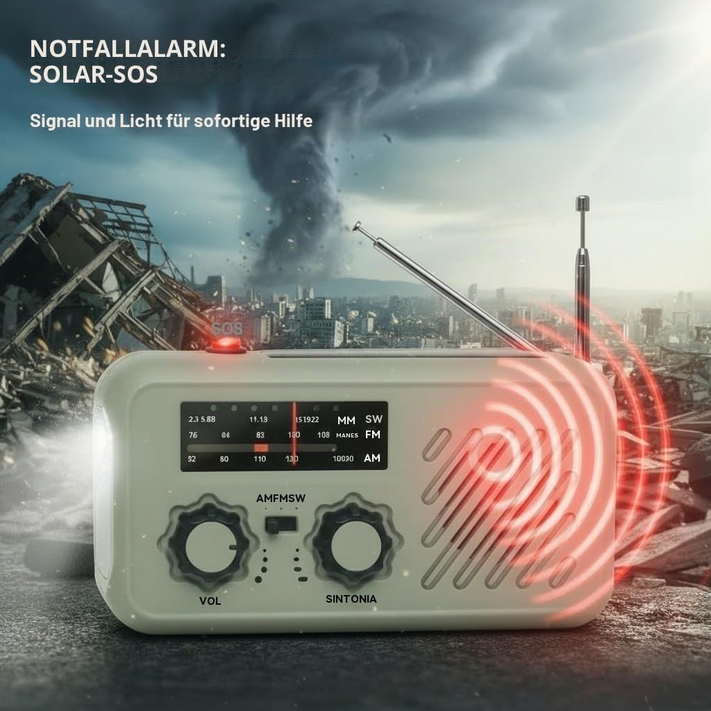 Notfall Radio, 3-Wege-Ladung (Solar, Kurbel, USB-C) Powerbank, 2000mAh Akku, AM/FM Radio, SOS, LED-T