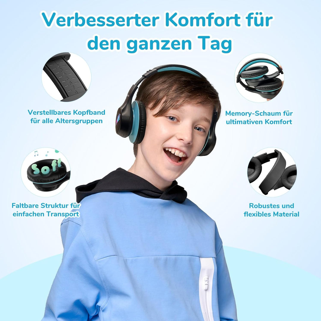 EarFun Bluetooth Kopfhörer Kinder, 5 LED-Beleuchtungsmodi, 74/85/94 dBA Lautstärkebegrenzung, 90 Std