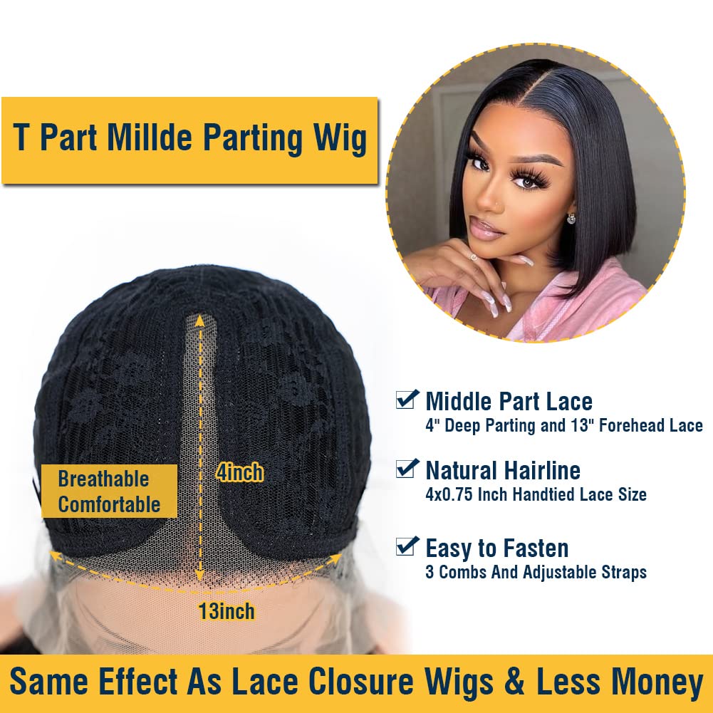 DÉBUT Straight Bob Perücken Echthaar T Part Lace Front Bob Perücke Vorgezupft mit Babyhaar 150% Dich