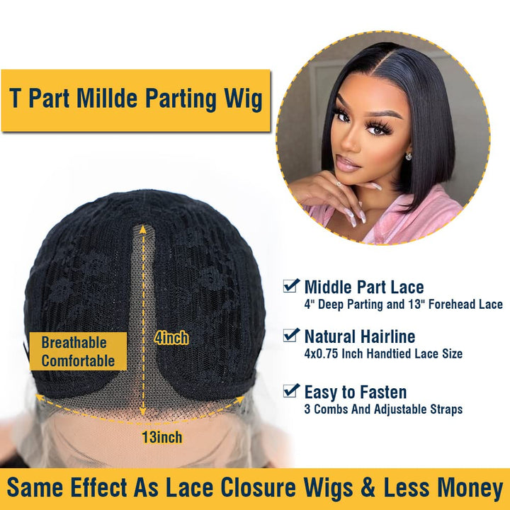 DÉBUT Straight Bob Perücken Echthaar T Part Lace Front Bob Perücke Vorgezupft mit Babyhaar 150% Dich