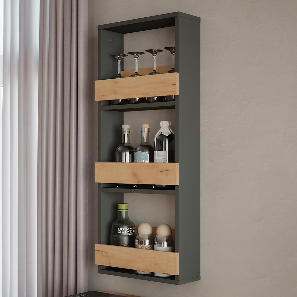 Vicco Weinglasregal Repose, Goldkraft Eiche/Anthrazit, 40 x 98 cm, zur Wandmontage mit Halterungen f