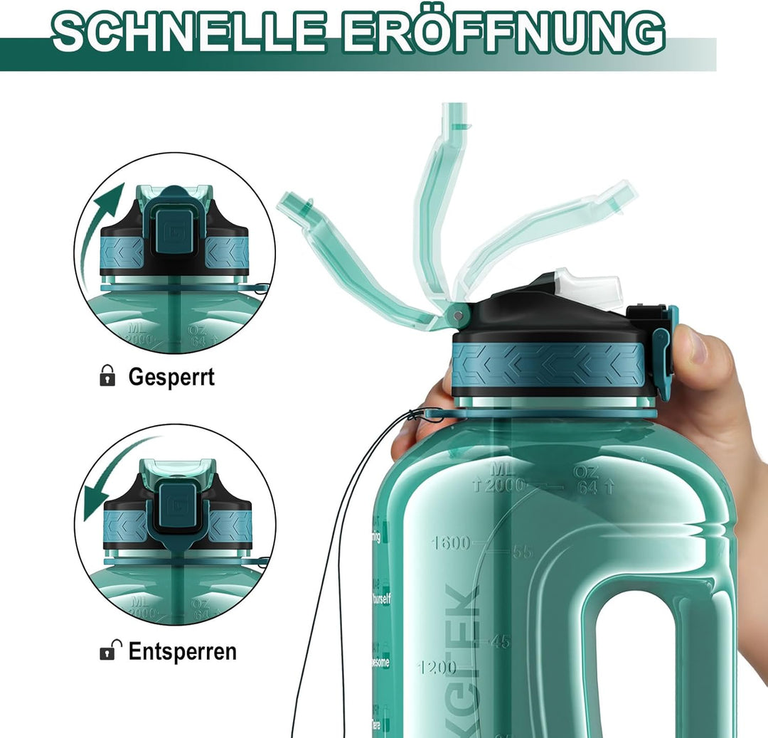 2 Liter Trinkflasche, BPA Frei, Trinkflasche Gym mit Zeitmarkierung, für Fitnessstudio, Büro, Outdoo