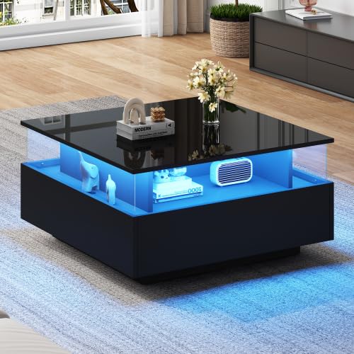 Merax Moderner Couchtisch mit LED-Beleuchtung, 70x70x41cm, Wohnzimmertisch & Beistelltisch Couch, 2