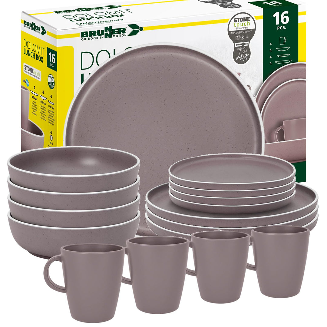 BRUNNER Camping-Geschirr-Set Melamin 2-4 Personen (12, 16 oder 36-teilig) DOLOMIT - Antislip, Bruchf