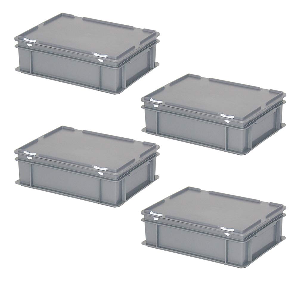BRB 4x Euroboxen mit Scharnierdeckel und Schiebeverschlüssen, LxBxH 400x300x130 mm, grau