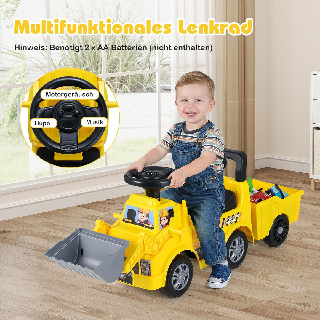 COSTWAY Sitzbagger mit Schaufel & abnehmbarem Anhänger, Kinderbagger mit Stauraum unter dem Sitz, Hu