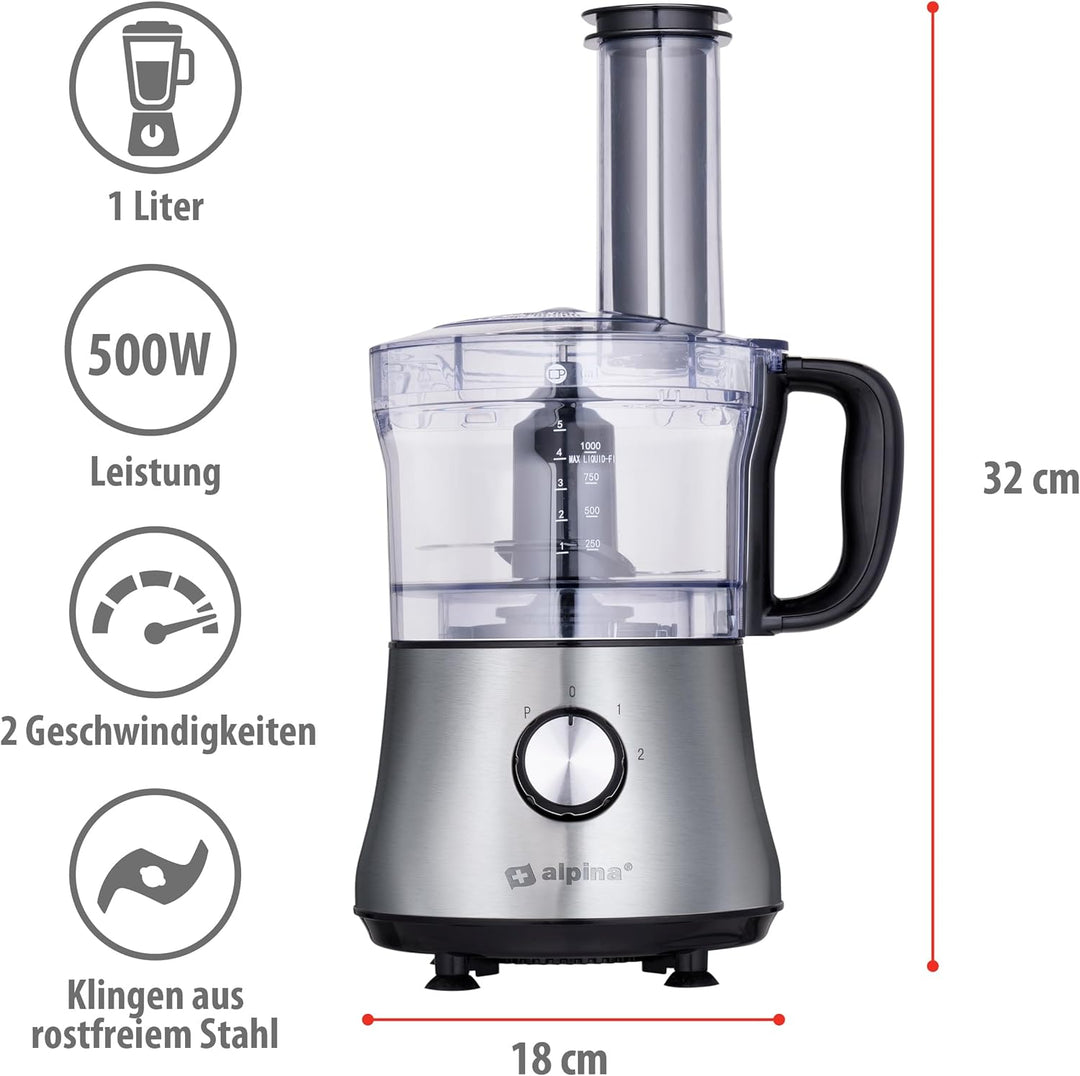 alpina 3-in-1 Küchenmaschine - 1L - 600W - Food Processor - 2 Geschwindigkeiten - Hacken, Schneiden