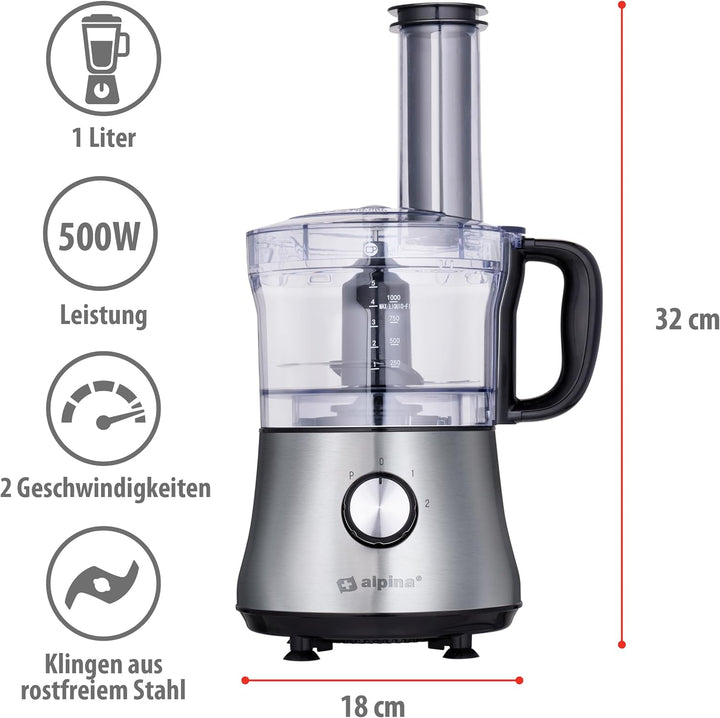 alpina 3-in-1 Küchenmaschine - 1L - 600W - Food Processor - 2 Geschwindigkeiten - Hacken, Schneiden