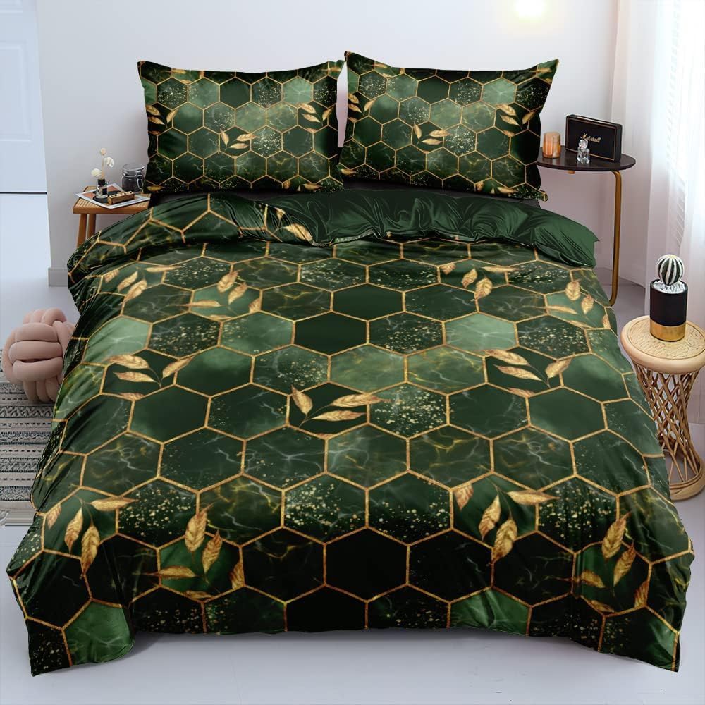 Grüne Bettwäsche 135x200 4teilig Grün Dunkelgrün Gold Kariert 3D Motiv Marmor Optik Wendebettwäsche